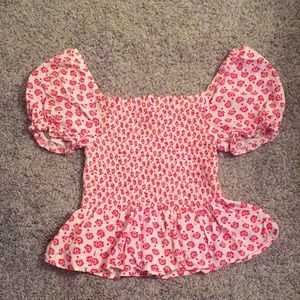 White and pink flower printed peplum blouse